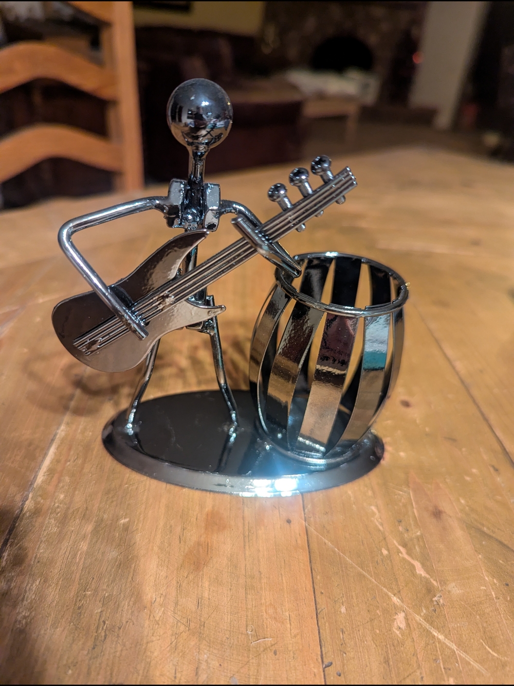 Silver Chrome Musician Sculpture with Guitar - Pencil Holder